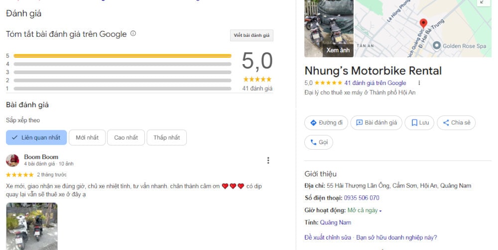 Nhung’s Motorbike Rental được khách hàng xếp hạng 5 sao trên Google